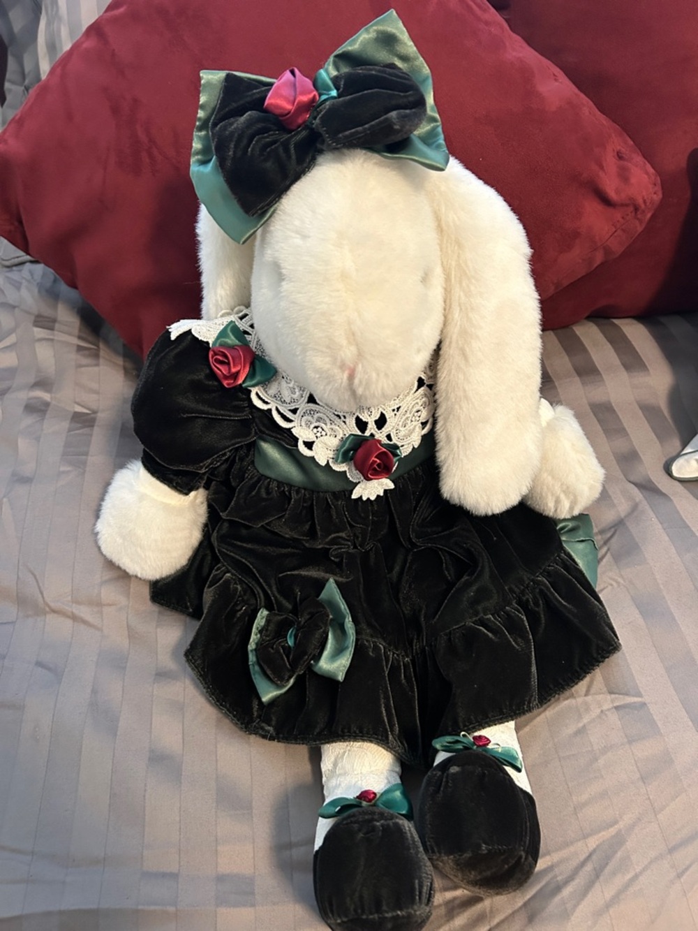 Vintage Victorian Style Plush Bunny - Green Satin & Velvet - Lace/Rose Accents